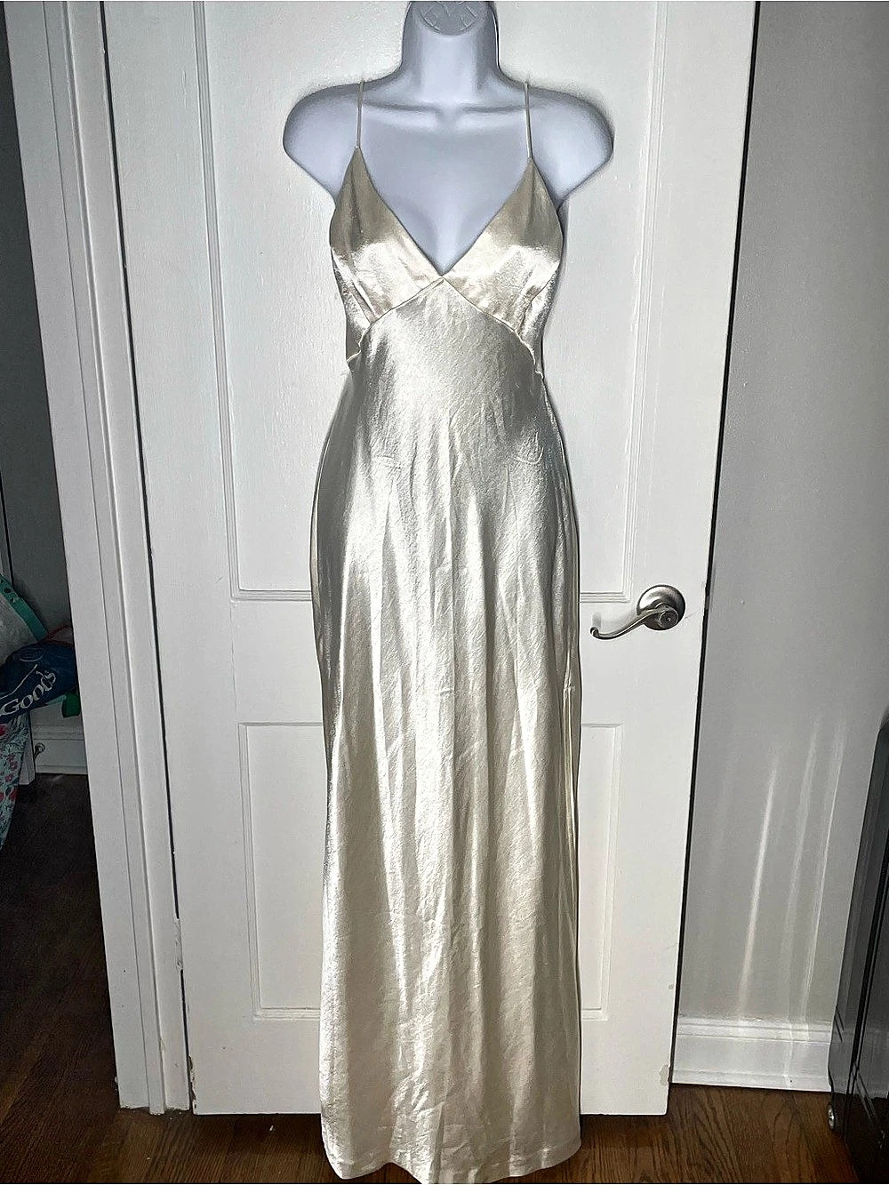 Free People Satin-Look Open Back Cream Champagne Maxi Slip Dress Sz L
